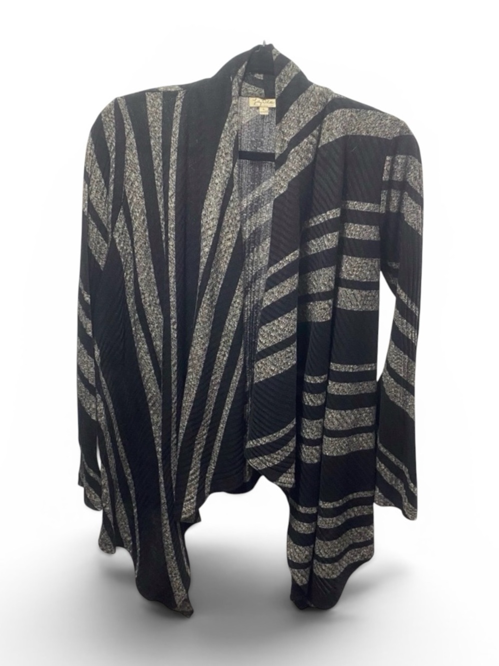 Lily White Striped Waterfall Black/Gray Shawl Open Front Cardigan‎ size Large
